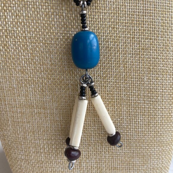 Long Dangle Necklace Black, White & Blue Beads - Picture 8 of 10